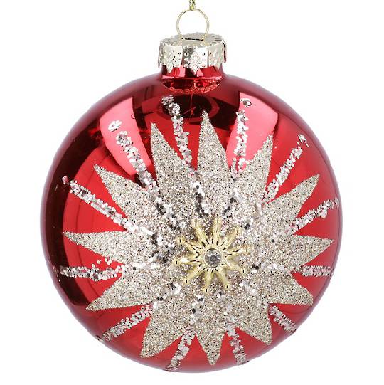 INDENT - Pack 12, Glass Ball Large Red, Gold Star Burst 10cm